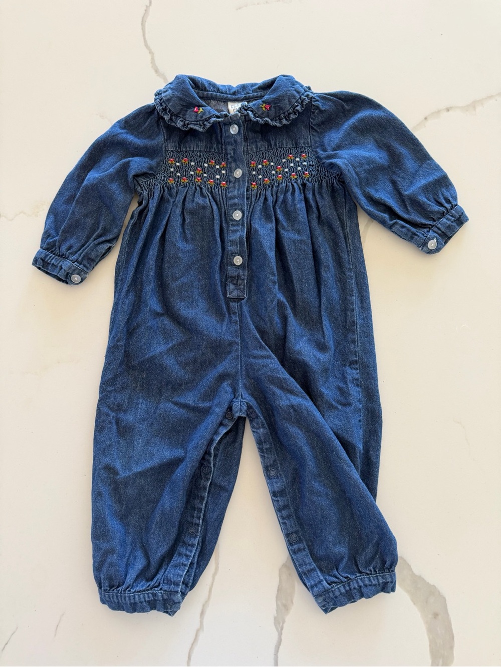 Vintage Denim floral Romper Class Club Baby embroidered Buttons 18 Months Cotton